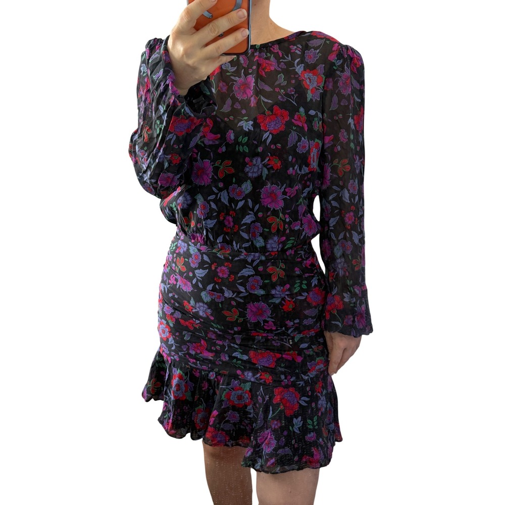 Veronica Beard 100% Silk Floral Ruched Mini Dress Black Purple Size 0 Party